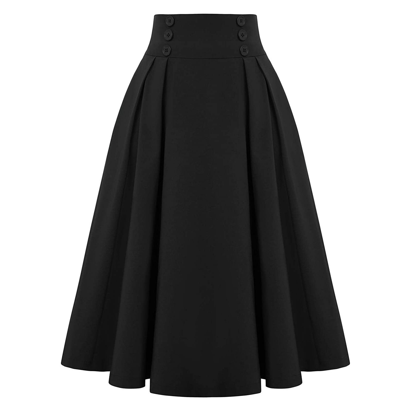 Pezhada Summer Vintage Pleated Skirt For Teen Girls Womens High Waist Solid A Line Long Skirts Maxi Skirt With Pockets Black Black