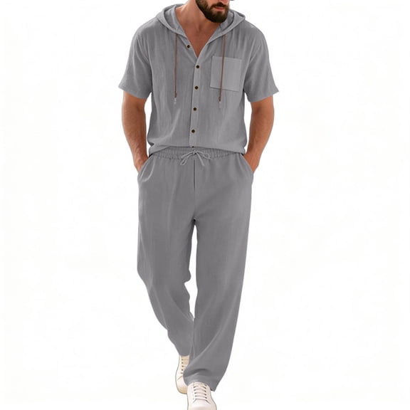 gbyLJF Men's 2 Pieces Cotton Linen Set Casual Short Sleeve Button Up Hoodie & Long Pants Beach Vacation Summer Outfits
