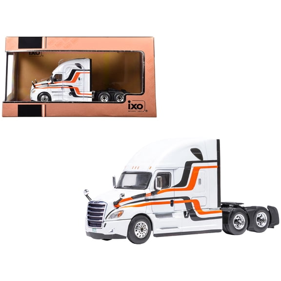 2018 Freightliner Cascadia Truck Tractor White with Black and Orange Stripes 1/64 Diecast Model by IXO Models