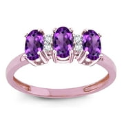 Star K Genuine Amethyst 3 Three Oval Stones Promise Ring Wedding Band in 10 kt Rose Gold Size 7.5