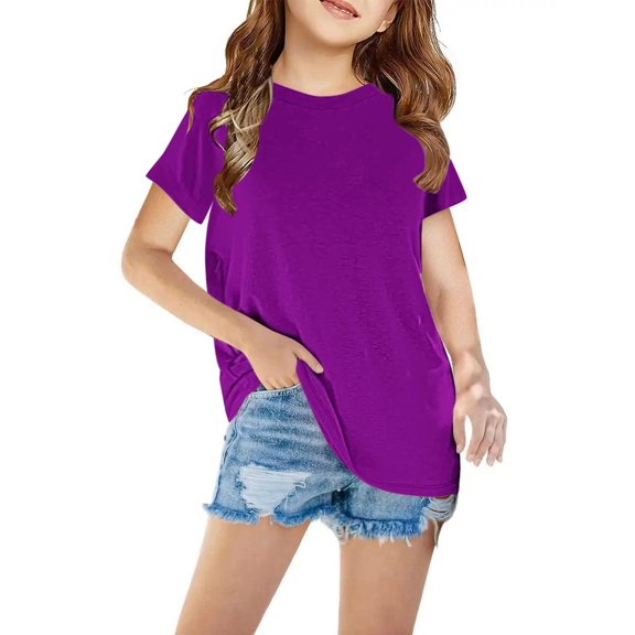 Nskgu Girls T Shirts Kids Girls Shirts Casual Short Sleeve Tops Round Neck Solid Color Tunic Tops Blouses for Kids 4-13 Years