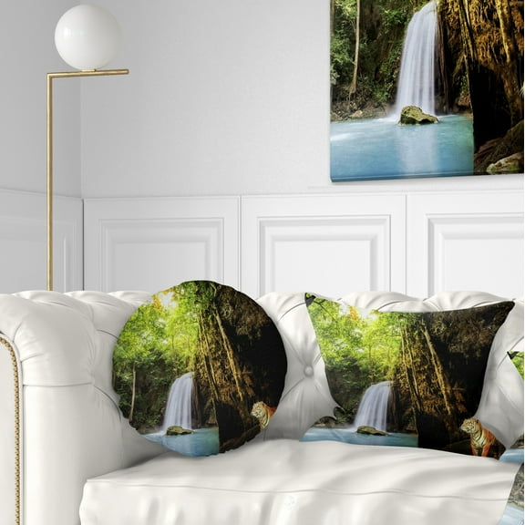 Designart Tiger Watching Waterfall - Landscape Photography Throw Pillow - 12x20