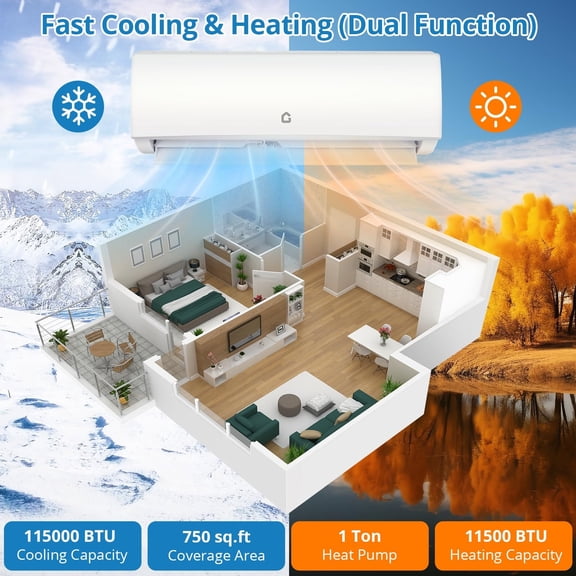 11500 BTU Mini Split Air Conditioner & Heat Pump – 17 SEER2 Inverter, 115V Ductless Wall-Mounted System, WiFi Smart Control, Installation Kit Included – 750 Sq. Ft. Coverage