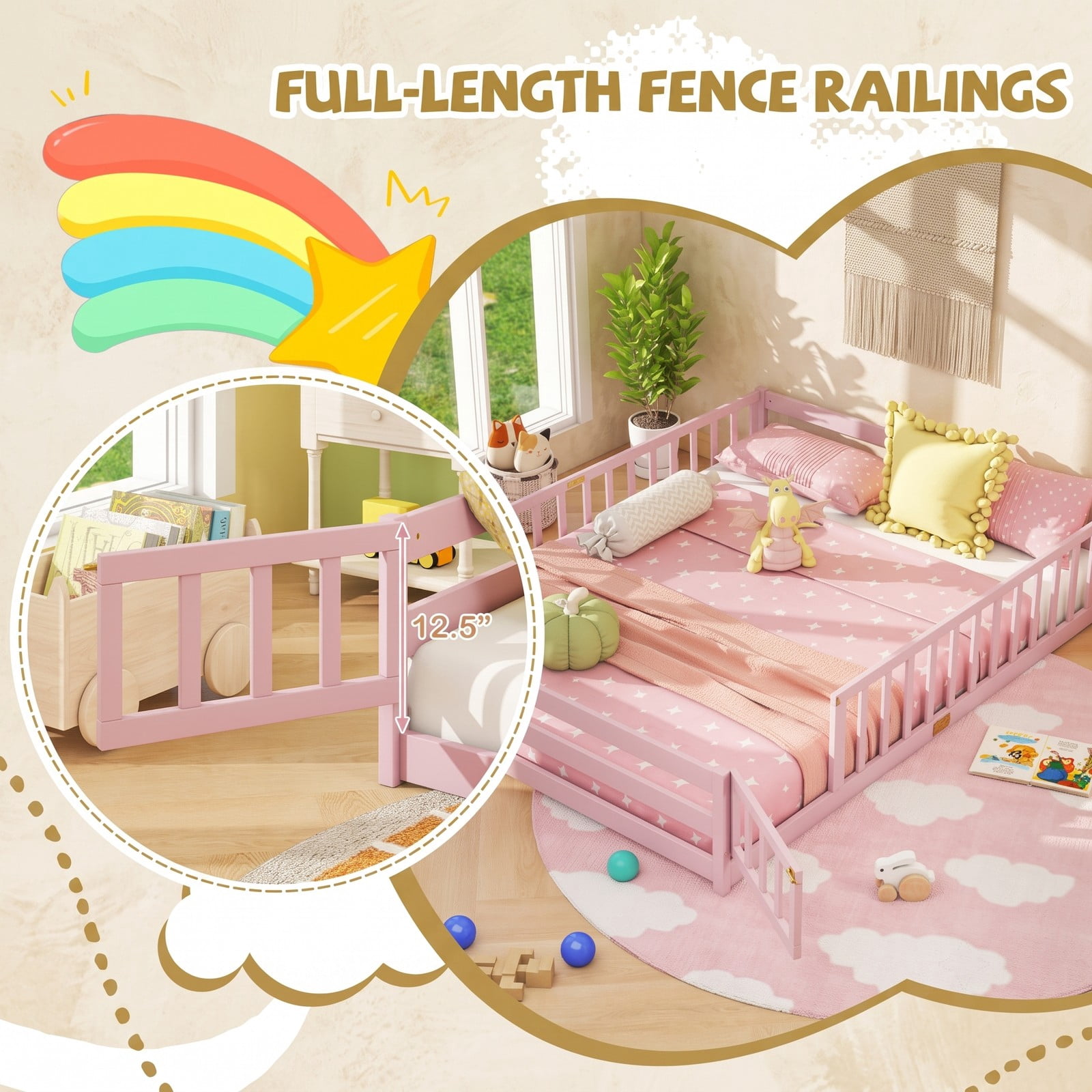 Furnibear Queen Size Wood Montessori Floor Bed Frame with Full Length Guardrails and Lockable Gate, Queen Bed Frame for Kids Bedroom, Pink