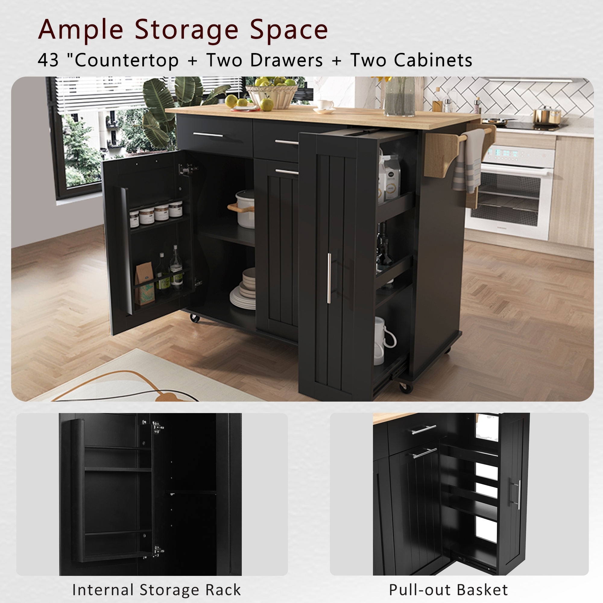DEALTOPS 46" Kitchen Island with Drop Leaf, Kitchen Storage Cart with 3 Tier Pull Out Cabinet Organizer, Internal Storage Rack, Rolling Kitchen Cart on Wheels with Towel Rack for Kitchen-Black