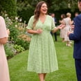 thumbnail image 3 of Agnes Orinda Women's Plus Size Mother's Day Elegant Floral Bubble Short Sleeves V Neck Trendy Mid Dresses 1X Grass Green, 3 of 7