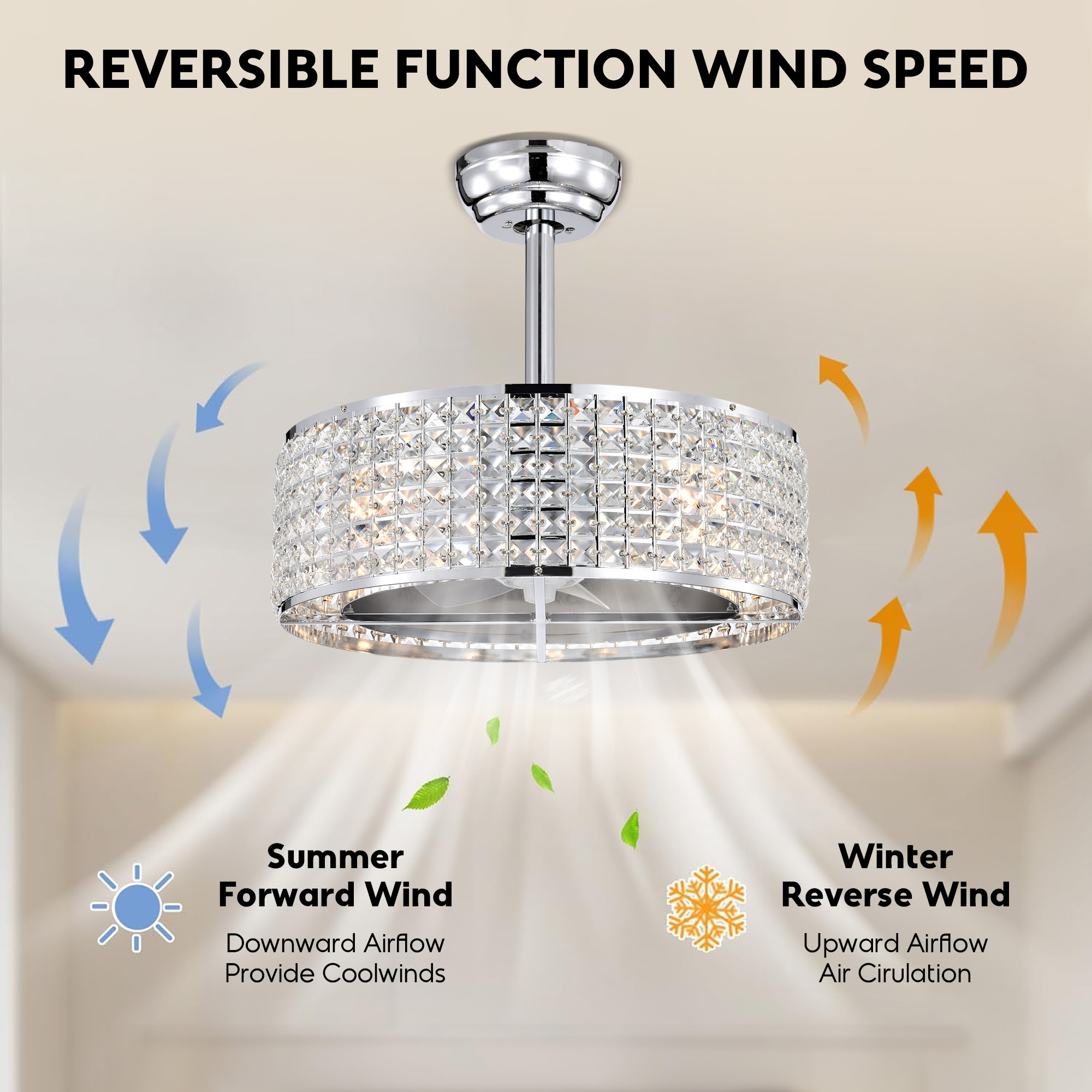 Aukfa Ceiling Fan with Light and Remote, 20" Low Profile Ceiling Fan for Living Room,Bedroom,Crystal