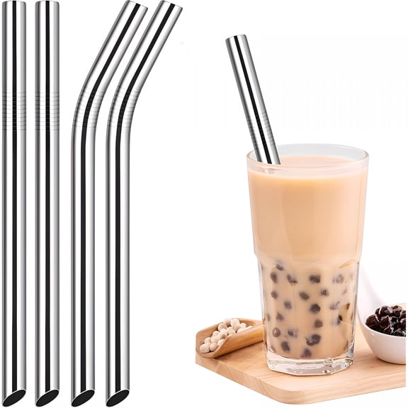 ACDANC 4-Pack Stainless Steel Smoothie/Milkshake Straws,0.5'' Extra Wide Reusable Metal Straw,Extra Long Straight & Bent Drinking Straws for Boba,Thick Beverages,Cold Drinks,1 Brush (Silver)