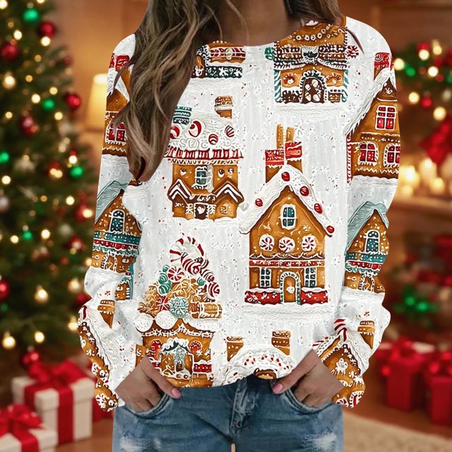 Chandails d'Hiver Grande Taille pour Femmes Mode Décontractée Col Rond Manches Longues Imprimé de Noël Sweat à Capuche Drôle
