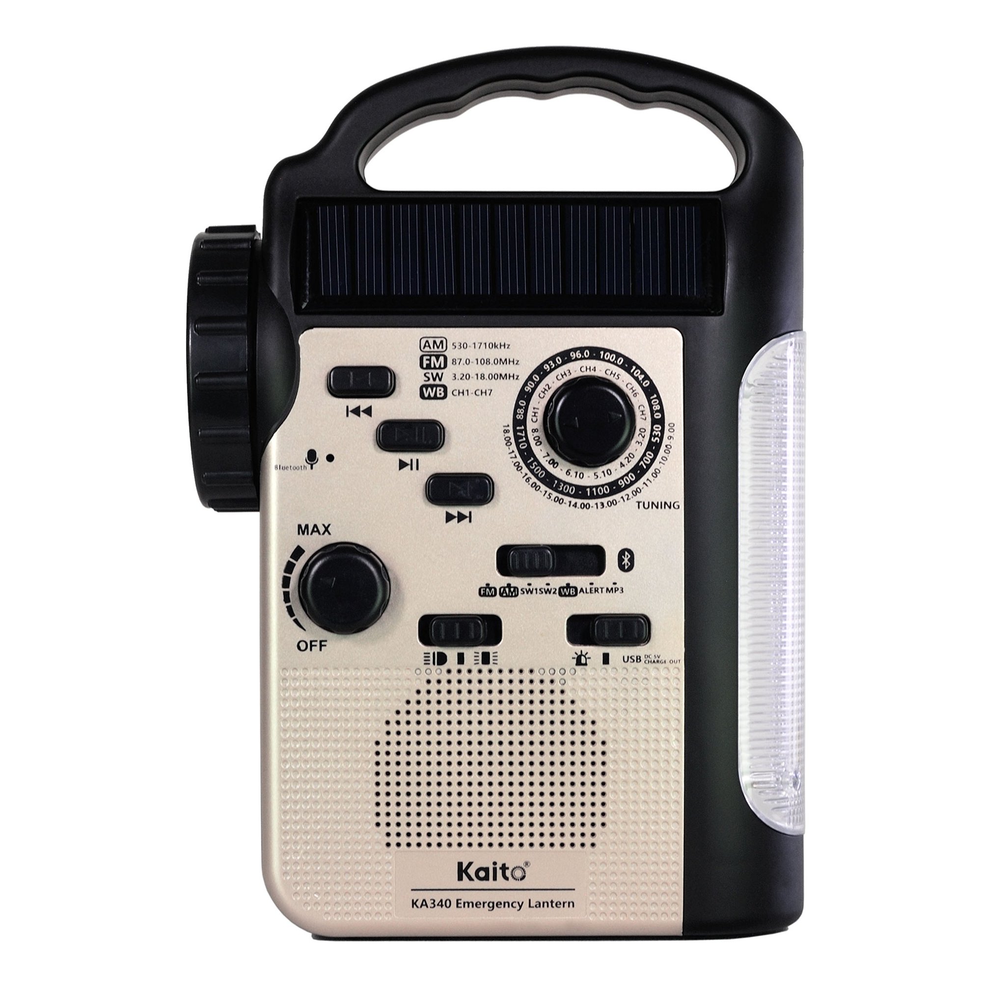 Kaito KA340 5-Way Powered Rechargeable LED Camping Lantern & Emergency Weather Alert Radio with Bluetooth, Flashlight, 5V USB Mobile Phone Charger, MP3 Player & Siren (Gold)