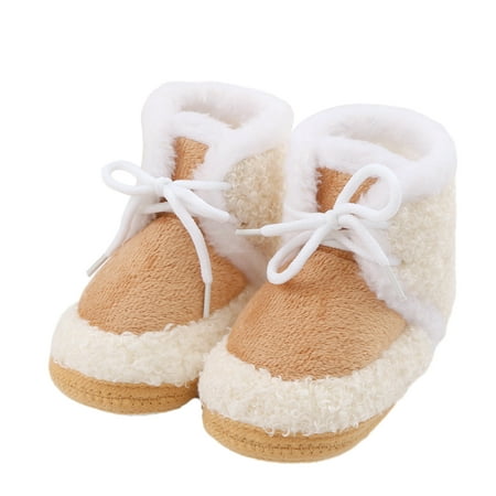 

Biekopu Baby Cute Thickened Plush Boots Flat Shoes Infant Girls Boys Tie-Up Non-Slip Soft Sole First Walker Winter Warm Crib Shoes