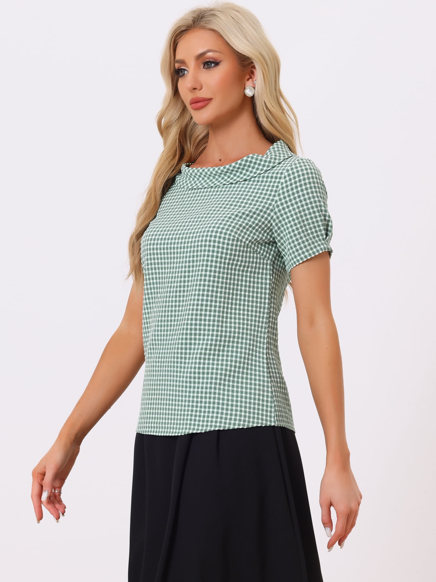 DARING DIVA Short Sleeve Casual Checked Top S Dusty Green