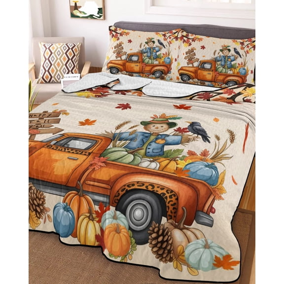 Happy Fall King Size Down Alternative Comforter, Lightweight Comforter Quilt Bedding Set with Pillow Shams Thanksgiving Truck Pumpkin Leaf Scarecrows All Seasons Bed Comforter Duvet Insert 96"x106"
