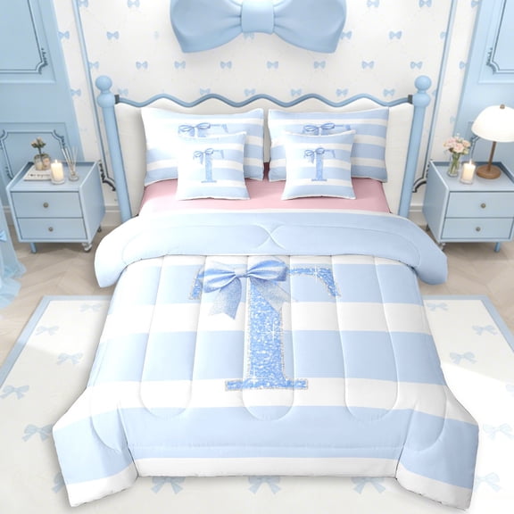 Erosebridal Girls T Personalized Initial Twin Bedding Sets 7-Piece,Teens Kawaii Blue Bowknot Glitter Print Bedding Comforter Set,Pink Reversible