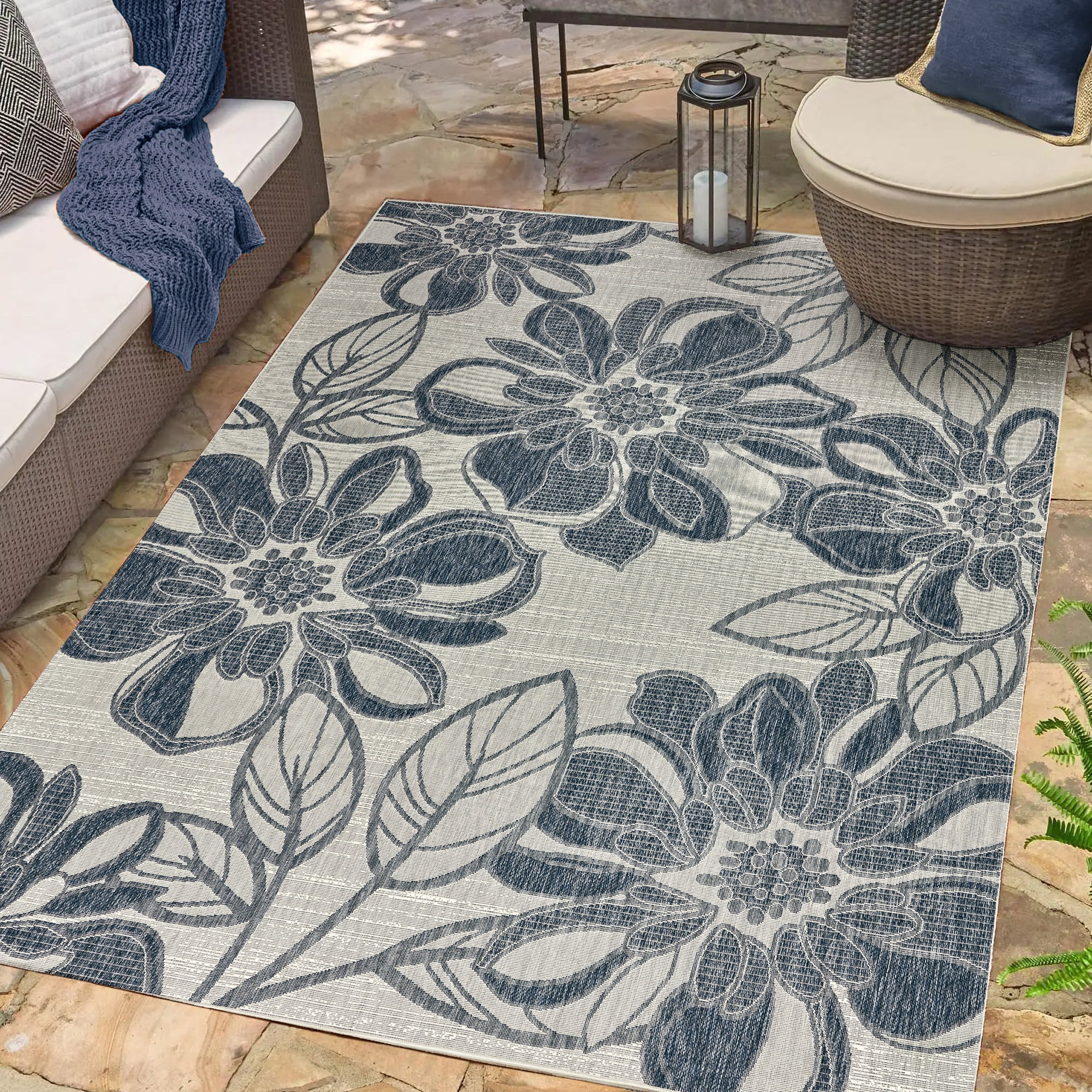 Tropea Woodbury Casual Tropical Floral Navy Ivory Premium Flatweave UV Resistant Indoor Outdoor Area Rug, 9x13