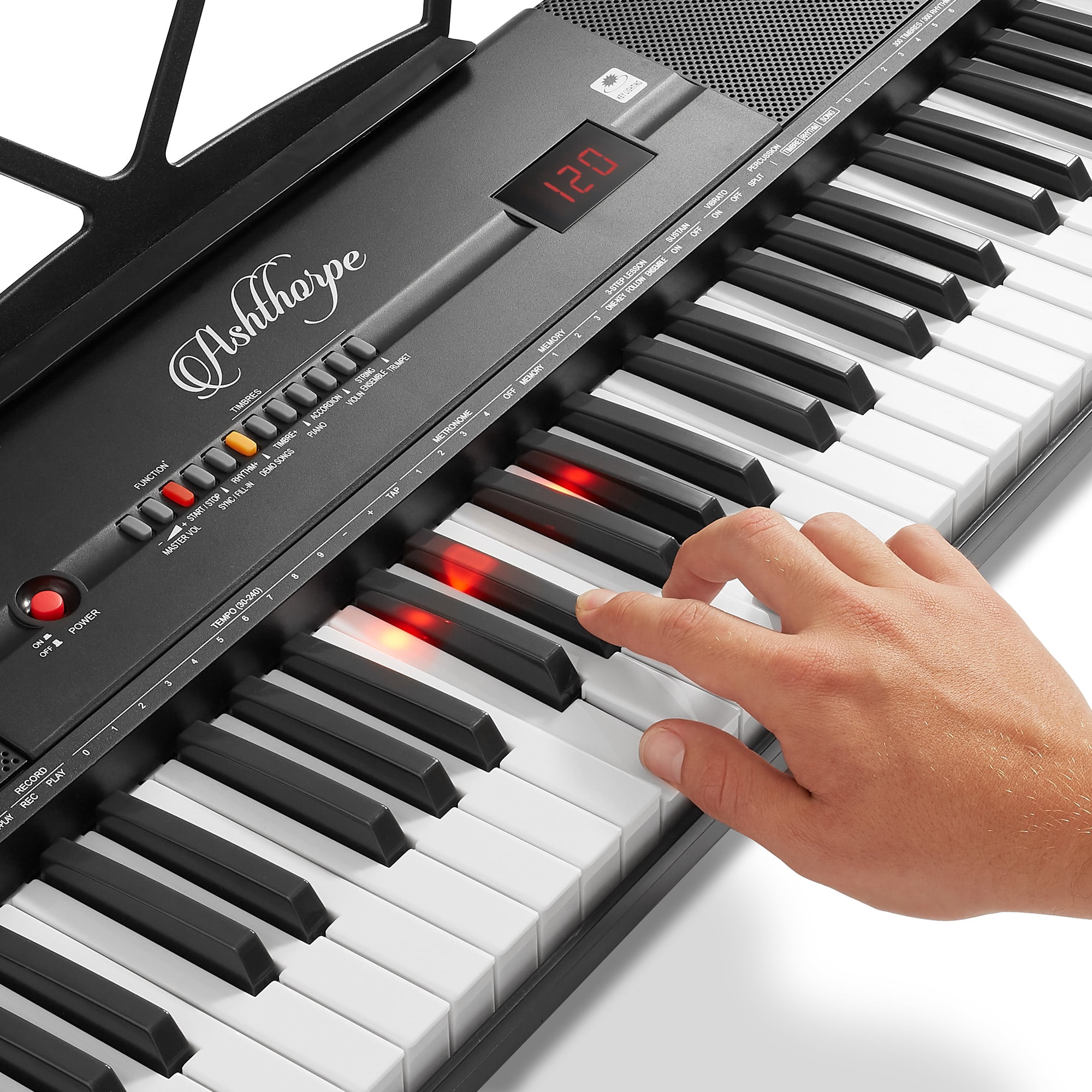 Ashthorpe 61-Key Digital Electronic Keyboard Piano with Light Up Keys, Portable Beginner Kit with Stand and Stool