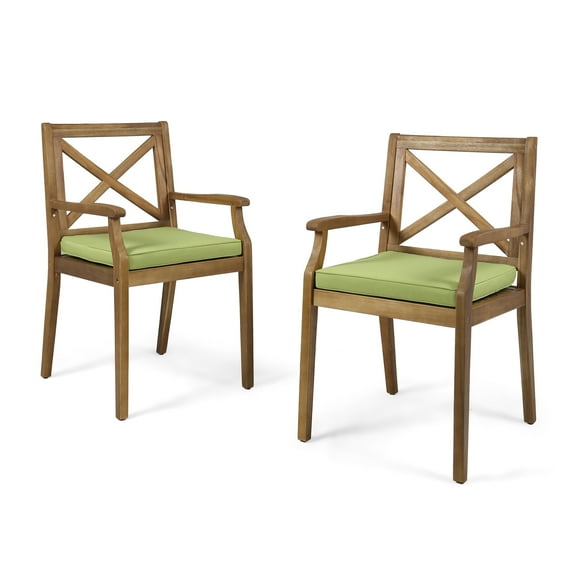 GDF Studio Abena Outdoor Acacia Wood Dining Chairs with Cushion, Set of 2, Teak and Green