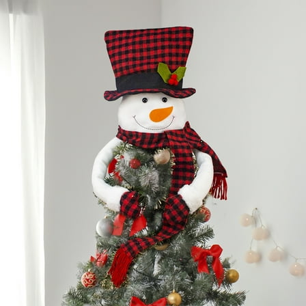Christmas Snowman Tree Topper Large Plush Snowman Treetop Hugger with Red Black Plaid Top Hat Scarf Xmas Tree Ornament