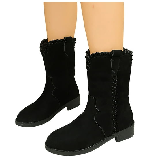 Mid Calf Boots for Women Chunky Low Heel Motorcycle Riding Western Booties Round Toe Retro Fall Winter Work Boots