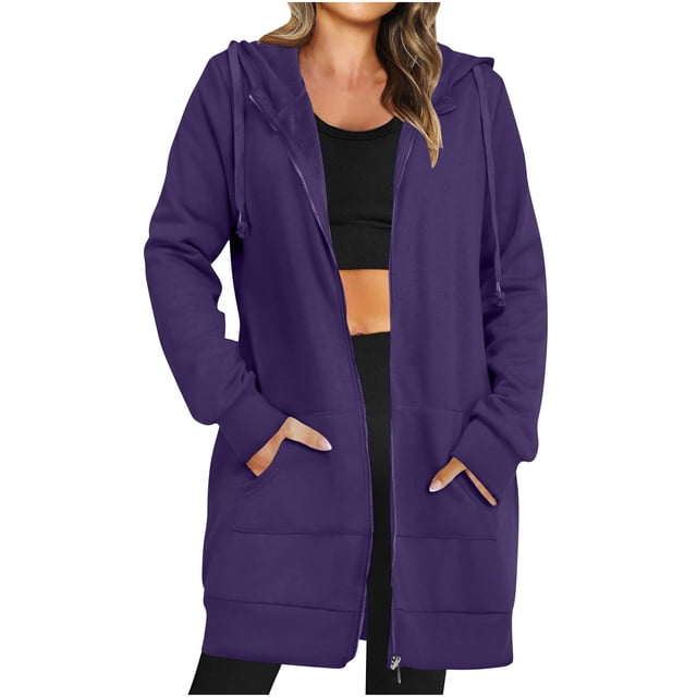 MeetoTime Long Sweat à Capuche pour Femmes Veste Zippée Automne Décontractée en Polaire avec Poches