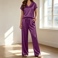 thumbnail image 2 of Silk Pajamas for Women 2 Piece Satin Pjs Cap Short Sleeve Sleepwear V Neck Shirt Long Pant Lounge Sets Purple XL(XL), 2 of 5