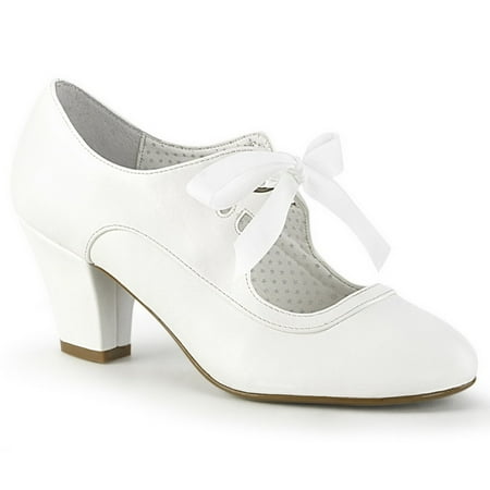 

Pin Up Couture WIGGLE-32 Cuben Heel Mary Jane Pump w/Ribbon Tie & Heart Cutout Detail 2 1/2 Cuben Heel-White Faux Leather-9