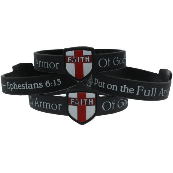 Sterling Gifts Pack of 12 Black Armor of God Silicone Bracelets with Cross and Shield Symbols