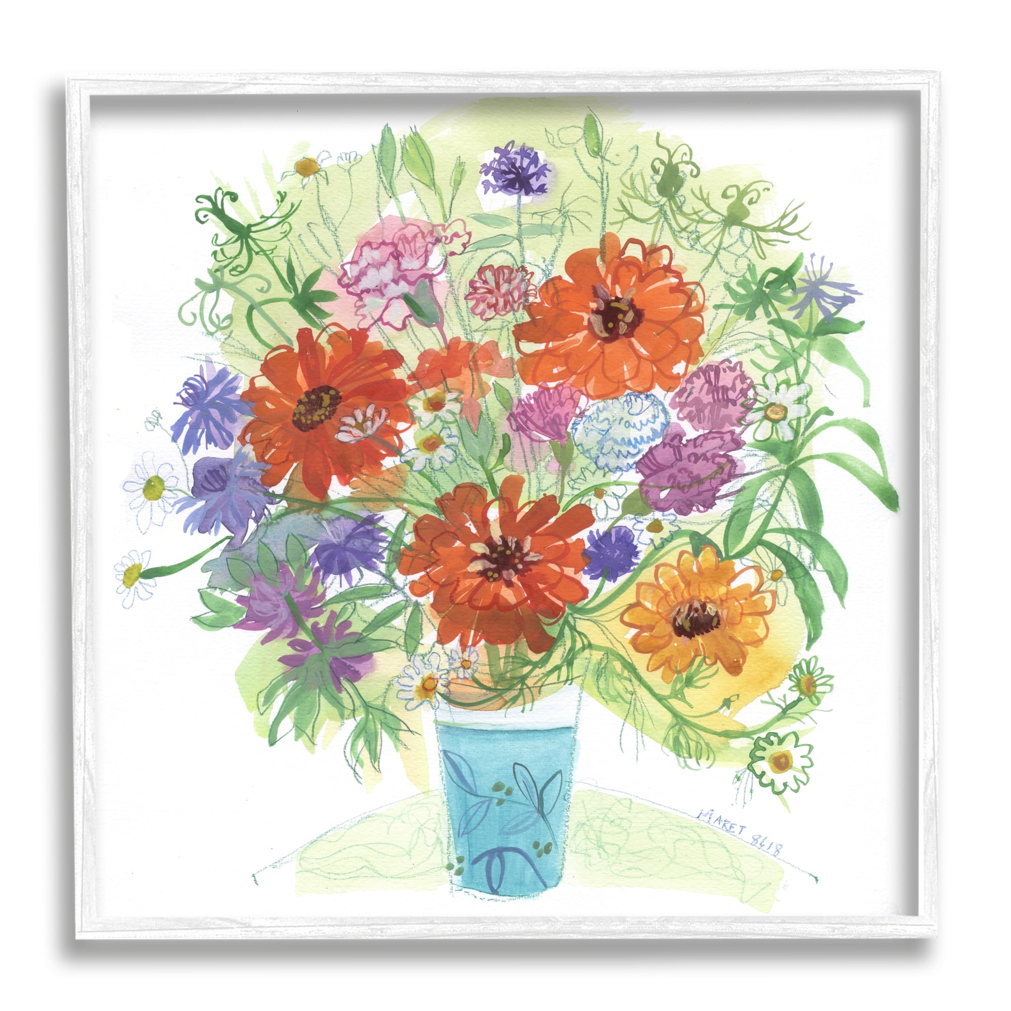 Stupell Industries Assorted Daisies Arrangement Layered Botanical Leaves Painting White Framed Art Print Wall Art, Design by unknown