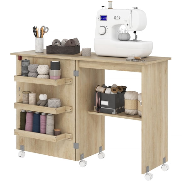 Folding Sewing Machine Cabinet with Storage - Nature Wood Craft Table for Small Spaces, Living Room, Bedroom & Studio - Mobile Sewing Desk with Bins & Shelf (46.1" x 15.7" x 30.5")
