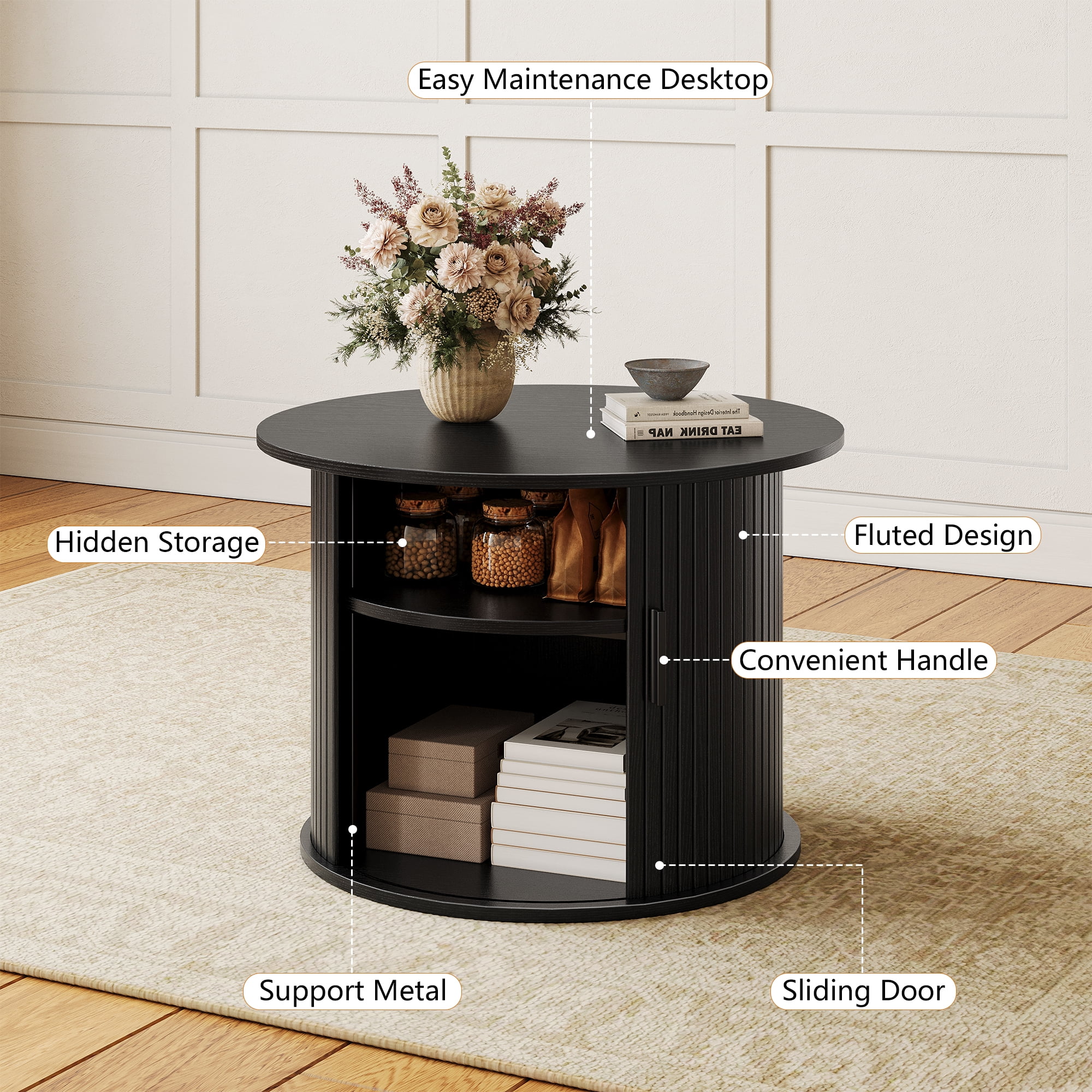 GUNAITO Round Small Coffee Table with Storage, Modern Farmhouse Center Table with Shelf Wood Table for Living Room, Black