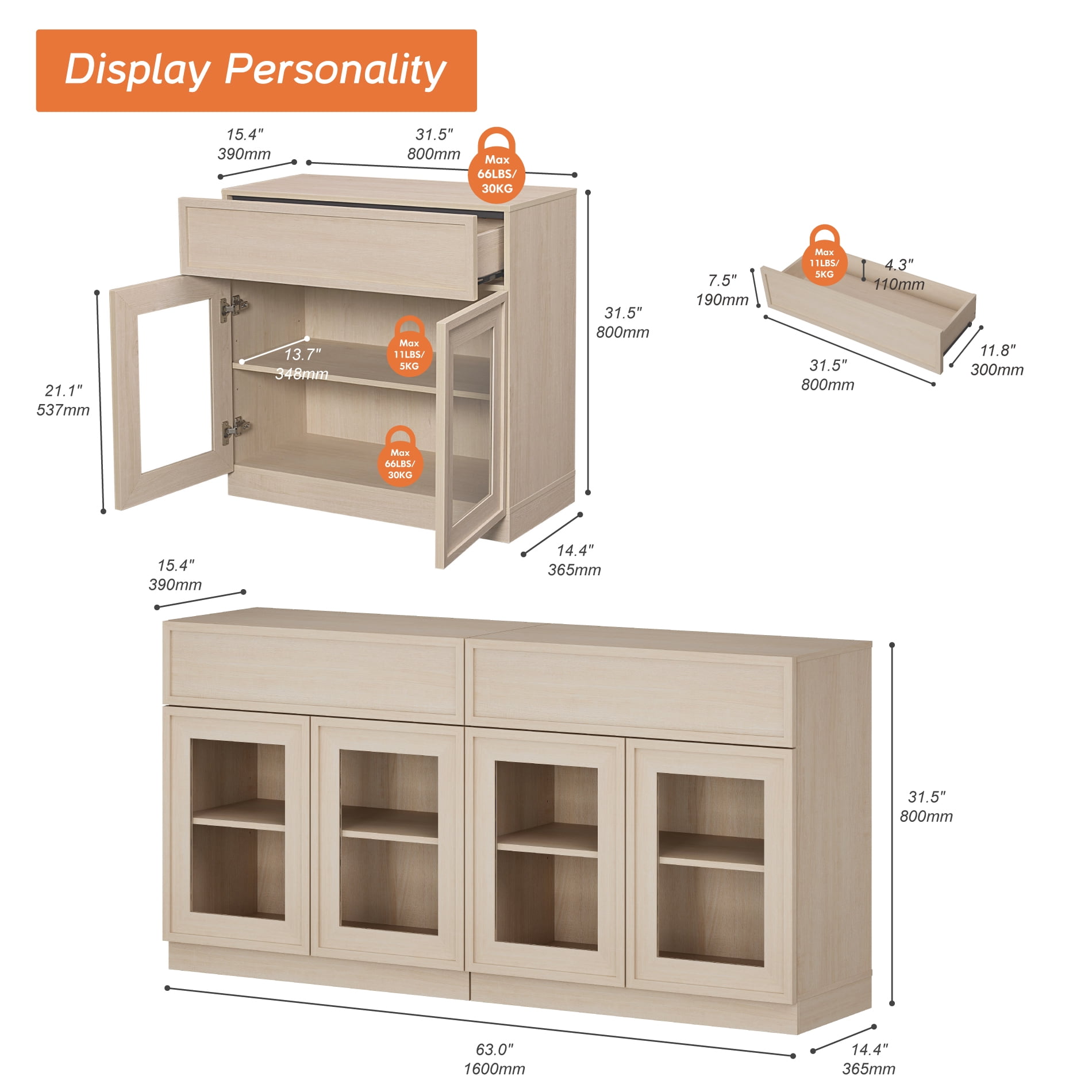 WAMPAT Modern TV Stand for TVs Up to 40", Wooden Entertainment Center TV Console with 4 Glass Doors and Drawers, Media Console Cabinet with Adjustable Shelf for Living Room, Bedroom, Beige