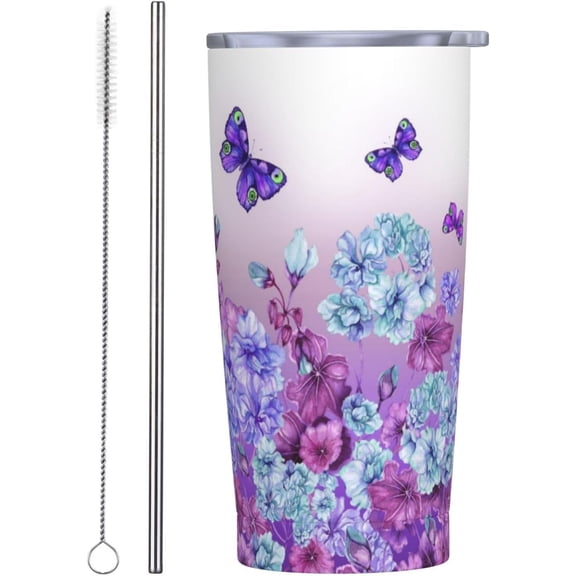 Purple Butterfly Tumbler 20 oz Colorful Flower Mug with Lid and Straw Watercolor Floral Coffee Cup Spring Garden Travel Tumblers for Gym Hiking Blooms Water Bottle Birthday Present for Women