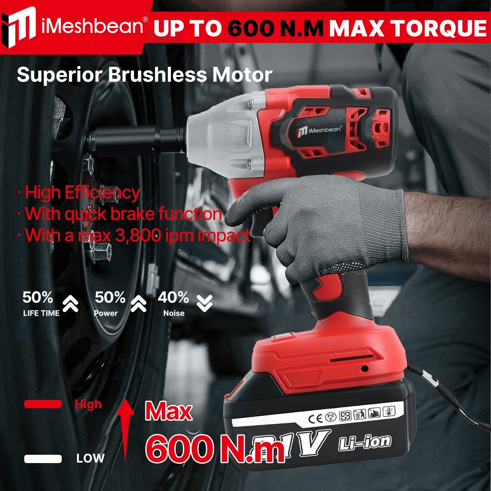 iMeshbean 600 N.m Cordless Electric Impact Wrench 1/2'' High Power Screwdriver Li-ion Battery