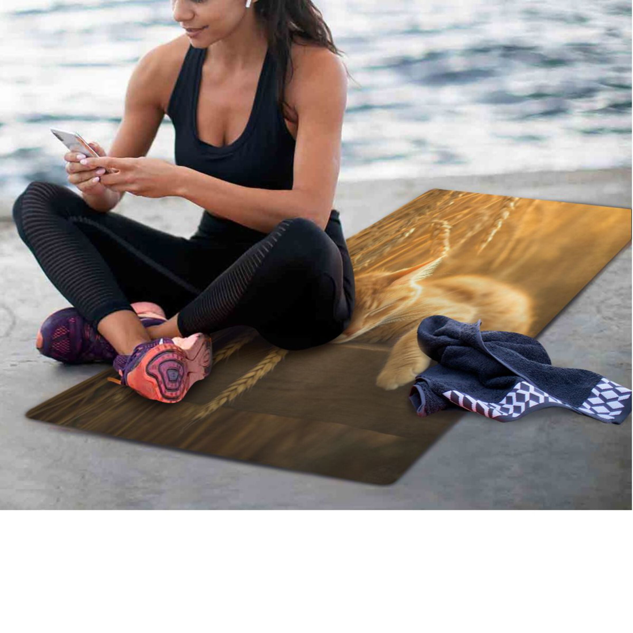 BZSMCE Yoga Mat Women Fitness Mat Dreamy Cat in Sunset Pattern