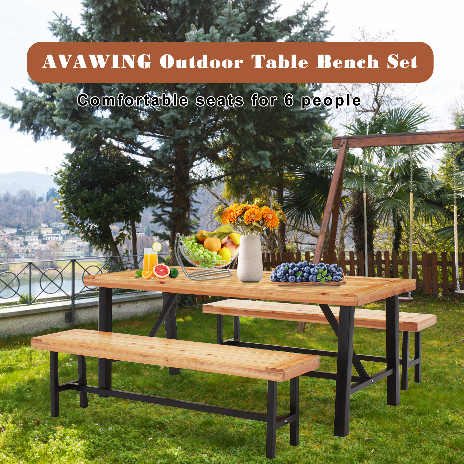 AVAWING 3-Piece Outdoor Wooden Picnic Table Bench Set, Premium Fir Wood Patio Furniture Set, Natural - image 5 of 7