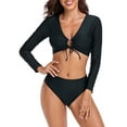 thumbnail image 3 of RELLECIGA Women's Bikini Sets Vintage 2 Piece Swimsuit Fashion Long Sleeve Tie Front V-Neck Crop Top Rashguard with High Waisted Bathing Suit Bottom Black, 3 of 7