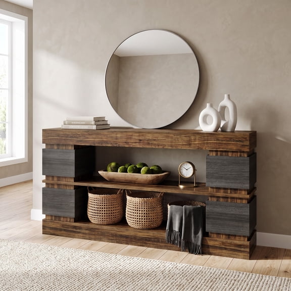 Fnova 63" 3-Tier Open Storage Console Table, Two-Tone Engineered Wood Sofa Table with 4 Side Compartments for Entryway Hallway Living Room Foyer Decor