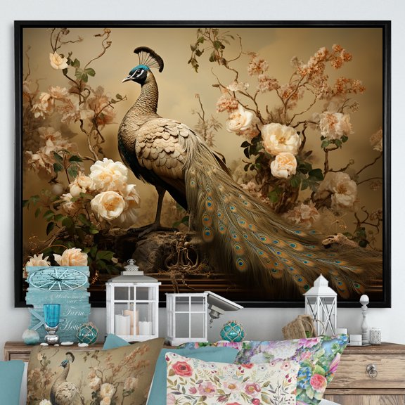 Designart "Adornment Of Classic Vintage Peacock Flowers" Animals Peacock Floater Framed Canvas Art Print