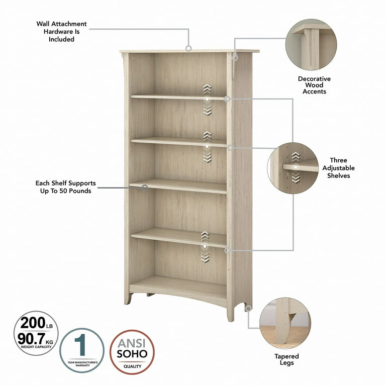 Bush Furniture Salinas Tall 5 Shelf Bookcase Antique White