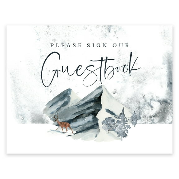 Koyal Wholesale Unframed Winter Snowy Woodland Forest Watercolor Party Sign, Please Sign Our Guestbook, 1- Pack