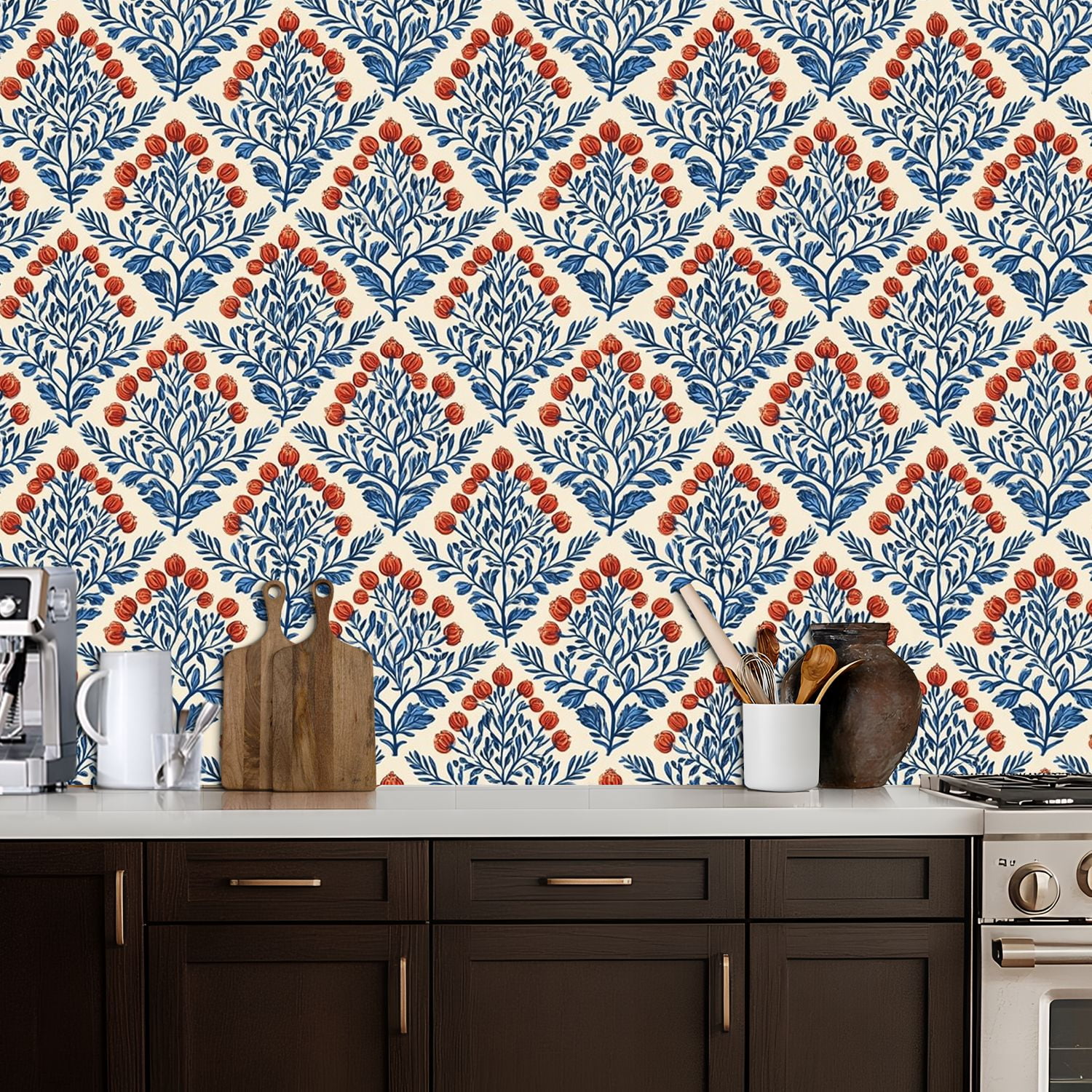 Peel and Stick Wallpaper 17.7in x 9.8ft Floral Blue Leaves Red Flowers Cream Contact Paper Vinyl Self-Adhesive Removable Wall Paper for Bedroom Nursery Bathroom Renter Friendly