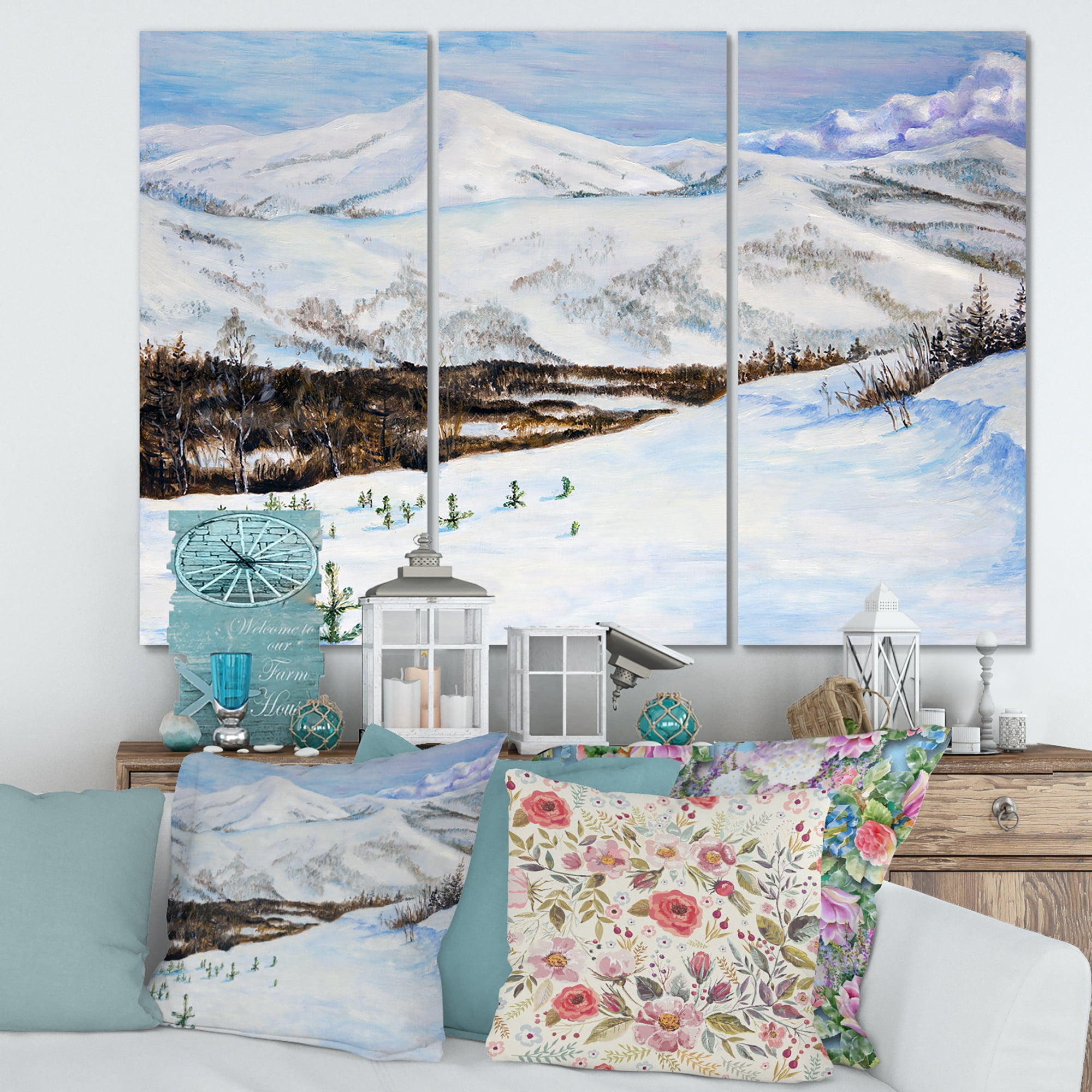 Designart ' Snow-Capped Mountains With Winter Landscape ' Traditional Canvas Wall Art Print