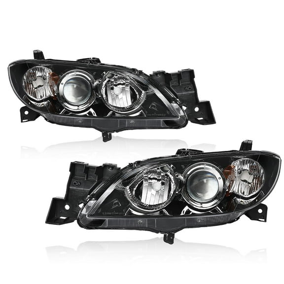PIT66 Pair Headlights Fit for 2004-2009 Mazda 3 Sedan Clear Lens Black Housing Amber Reflector Left & Right