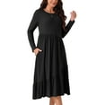 thumbnail image 3 of INSPIRE CHIC Women's Fall Long Sleeve Casual Loose Pleated Tiered Crewneck Swing Midi Dress with Pockets M Black, 3 of 5