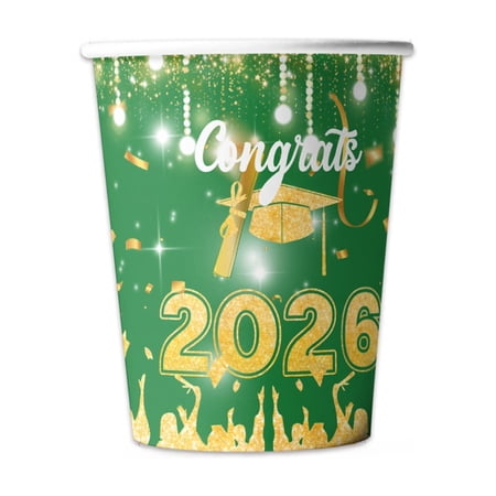 Graduation Party Cups 10Pc Green & Gold Party Decorations Disposable Paper Cups For Graduation Celebration Graduates Gathering Party Supplies