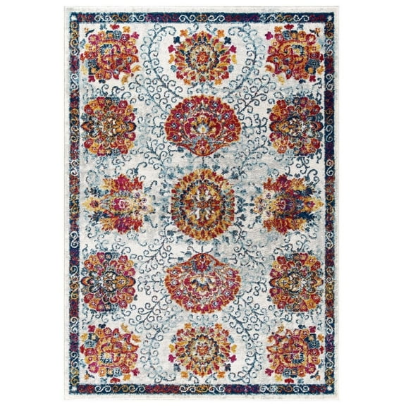Entourage Kensie Distressed Floral Moroccan Trellis 5x8 Area Rug Ivory Blue RedOrangeYellow