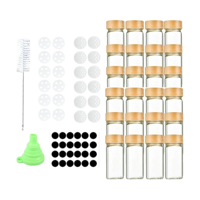 Tnarru Glass Spice Jars with Wooden Lids, Empty Spice Jars with Labels, Pantry Kitchen Organization Spice Containers Bottles for Tea 24pcs
