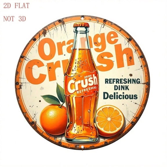 HELLOYOUNG Crush Soda Metal Sign 8 Inch Round Orange Wall Decor Retro Tin Sign for Kitchen Man Cave Rustproof Aluminum Art