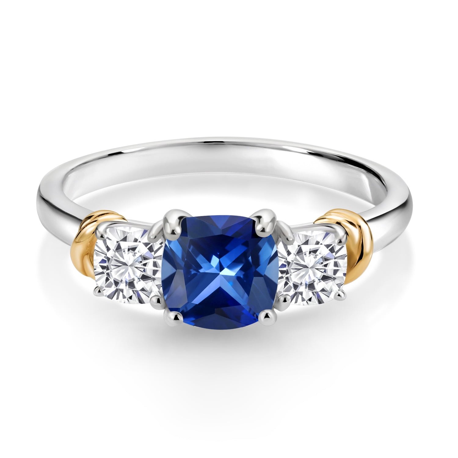925 Sterling Silver and 10K Yellow Gold Blue Created Sapphire and White Moissanite 3 Stone Engagement Ring for Women (1.64 Cttw, Cushion Cut 6MM and 4MM, Available in Size 5, 6, 7, 8, 9)