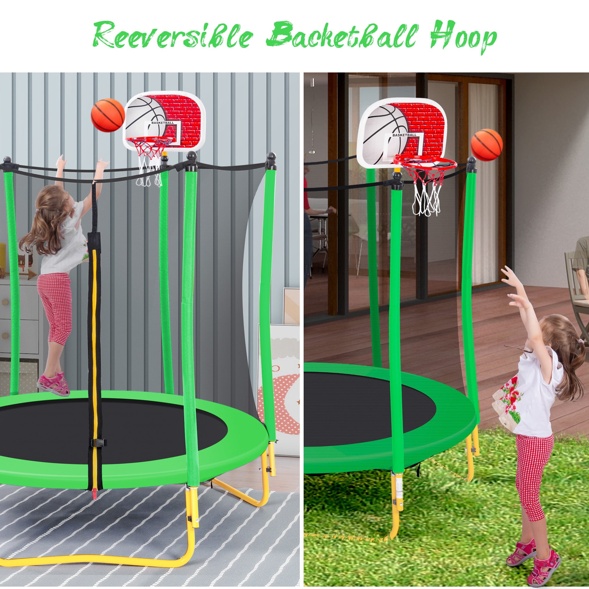 5.5FT Toddler Trampoline with Basketball Hoop, SHINPT Mini Trampoline for Kids, 65" Outdoor/Indoor Trampoline with Enclosure Net, Recreational Trampoline for Patio, Backyard, Garden, Lawn, Yard